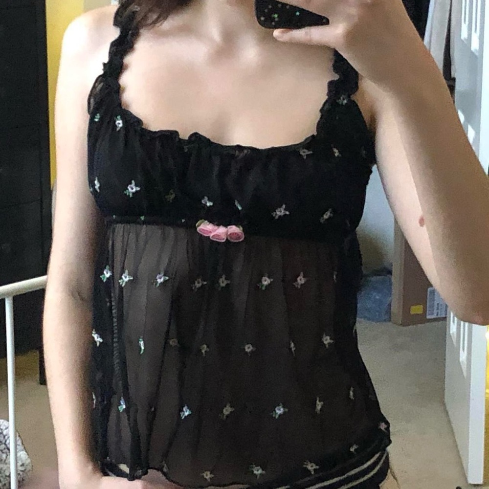 Victoria's Secret Black Sheer Blouse with Floral Accents